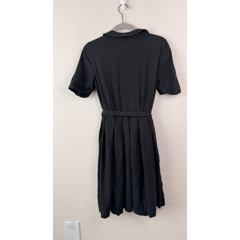 L.L.Bean 100% Silk Shirt Dress Womens 8 Black Button Front Belted Minimalist - Picture 7 of 7
